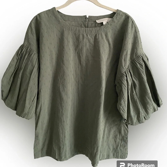 LOFT Anne Taylor 100% Cotton Oversized Sage Green Balloon Sleeve Blouse Size S - Picture 3 of 16